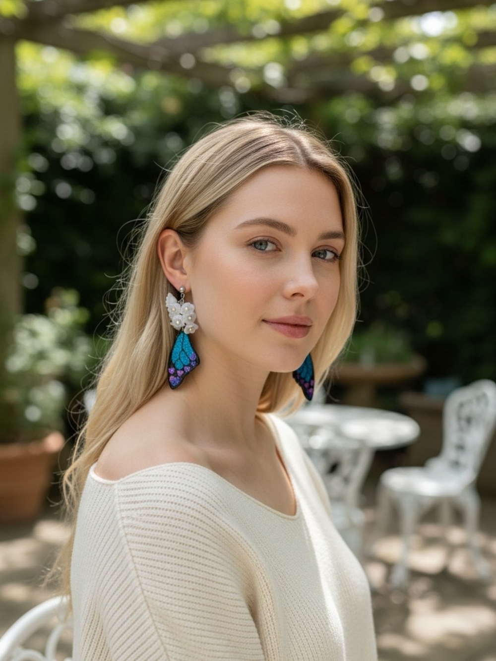 White Floral & Glitter Butterfly Wing Drop Earrings - Picture 2 of 3